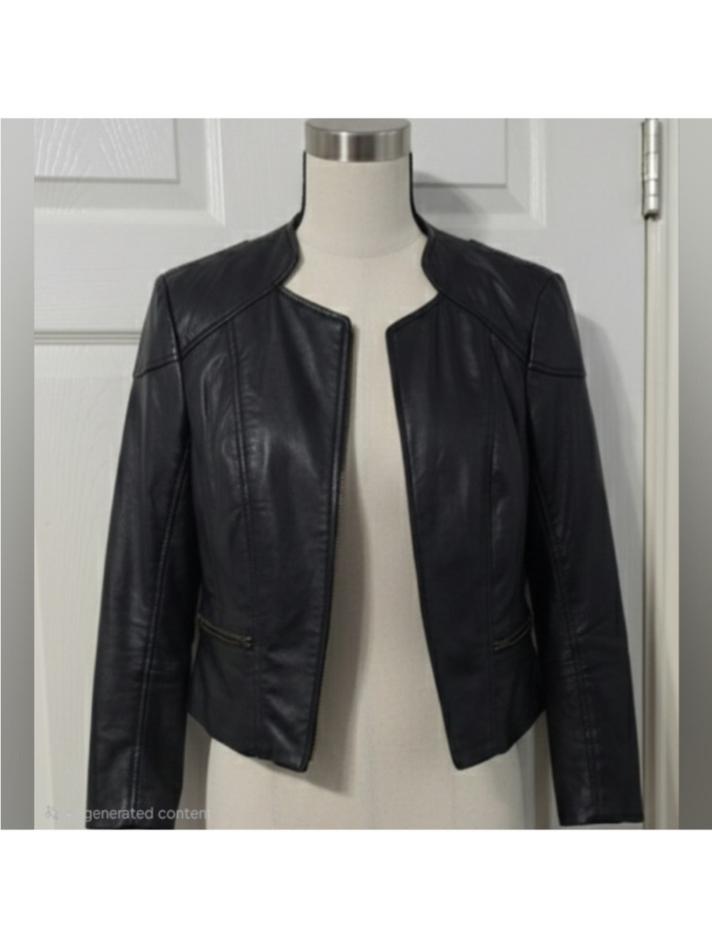Halogen Black Faux Leather Collarless Zip-Pocket cropped Jacket